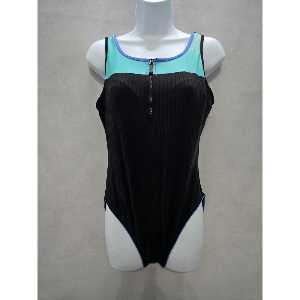 Black One Piece Swimsuit Quarter Zip 90s Vintage Resort Beach Goth Ribbed Large